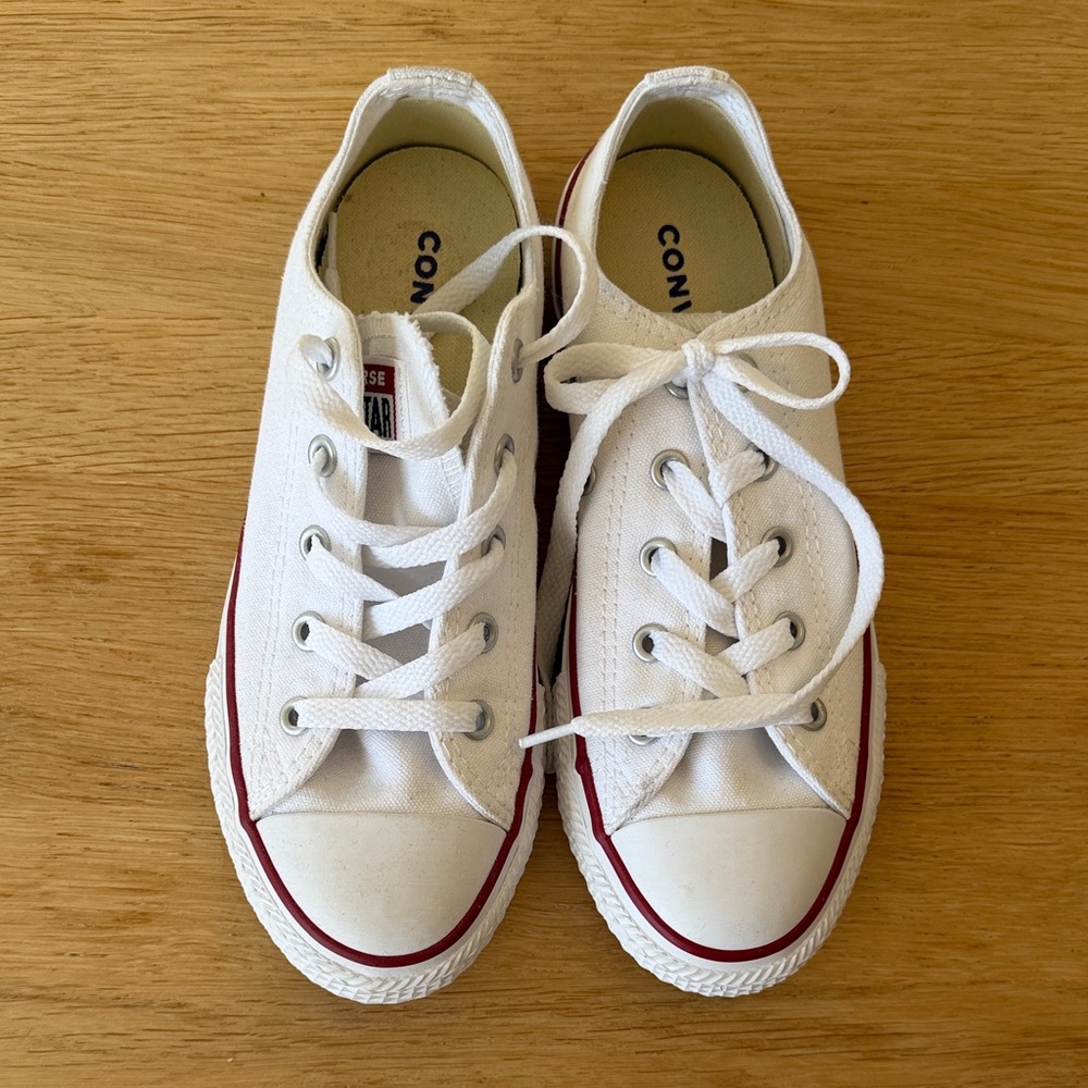 Converse Kids White Canvas Low Top Sneakers with Red Midsole Stripe